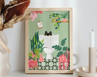 Black Cat on the Toilet Art Print, Sage Green Bathroom Prints, Funny Posters in size A6 A5 A4 A3, Cat reading a news paper, Tropical Plants