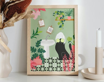 Black Cat Bathroom Print, Sage Green Bathroom Prints, Funny Posters in size A6 A5 A4 A3, Cat at the Spa, Tropical Plants