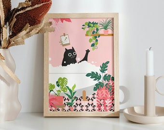 Black Cat in the Bath Art Print, Pink Bathroom Art Prints, Funny Posters in size A6 A5 A4 A3, Cat in a bubble Bath, Tropical Plants