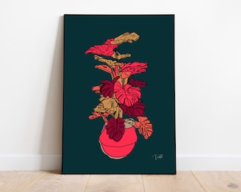 Monstera Leaf Art Print - Swiss Cheese Plant Wall Art / Pink and Teal illustration Poster