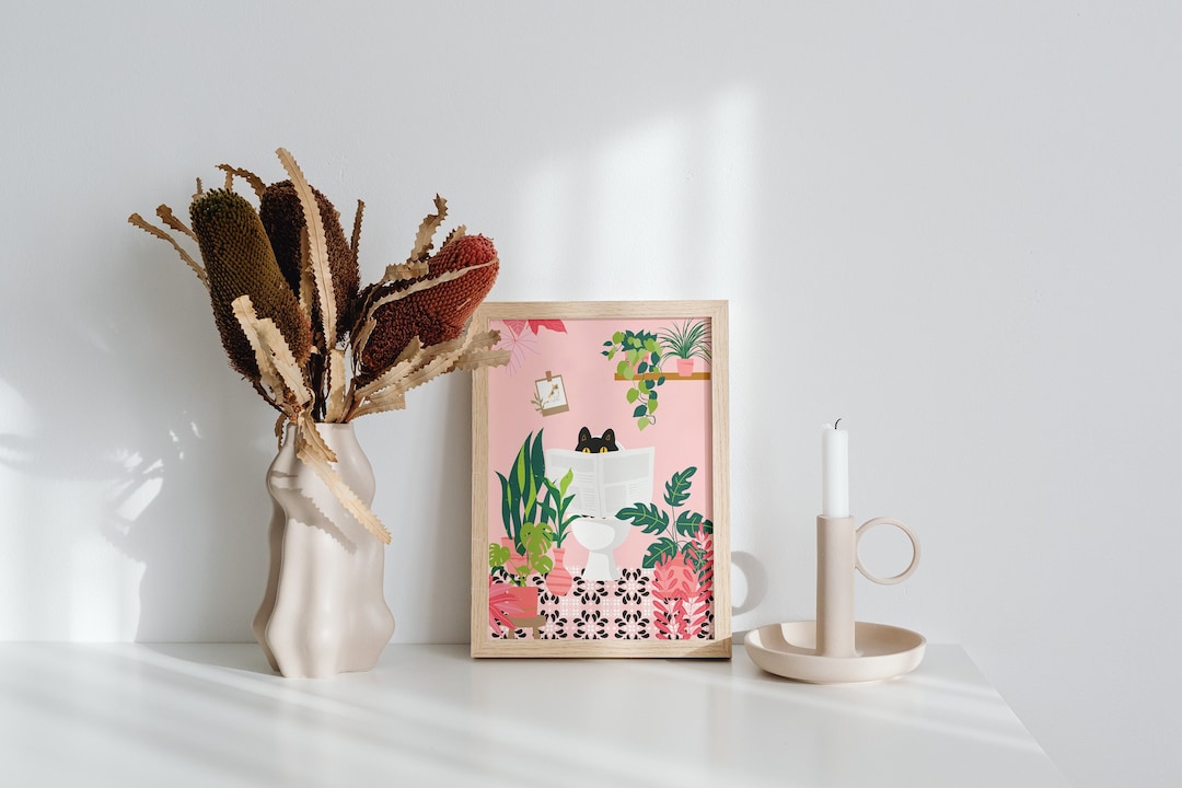 Black Cat on the Toilet Art Print, Pink Bathroom Art Prints, Funny ...