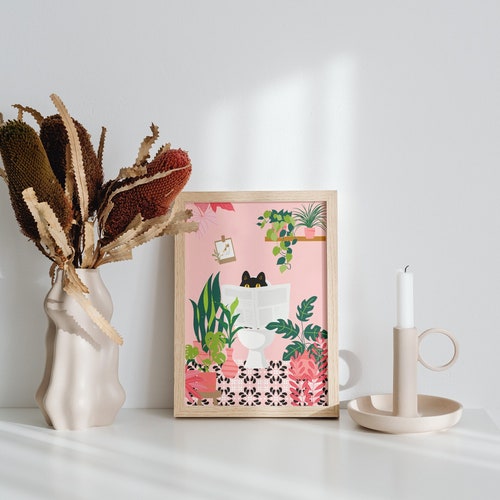 Black Cat on the Toilet Art Print, Pink Bathroom Art Prints, Funny Posters in size A6 A5 A4 A3, Cat reading a news paper, Tropical Plants