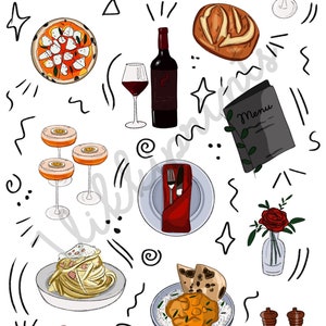 May include: A sticker sheet featuring illustrations of food and drinks typically found in restaurants. The sheet includes a pizza, pasta, lobster, wine, bread, a cocktail, a menu, salt and pepper shakers, and a plate with cutlery.