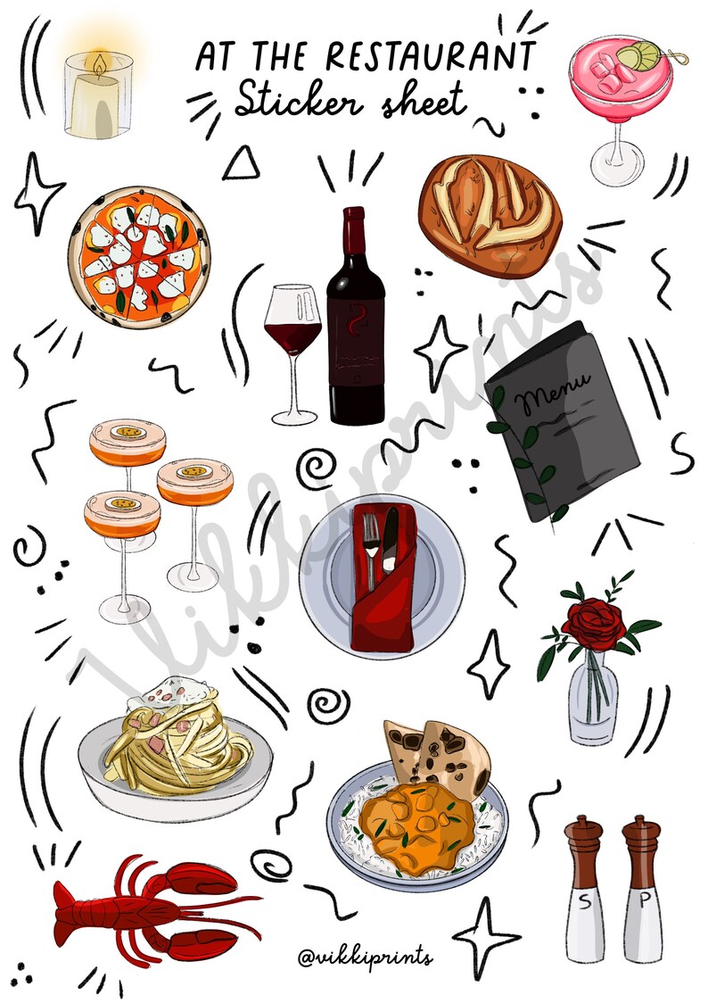 May include: A sticker sheet featuring illustrations of food and drinks typically found in restaurants. The sheet includes a pizza, pasta, lobster, wine, bread, a cocktail, a menu, salt and pepper shakers, and a plate with cutlery.