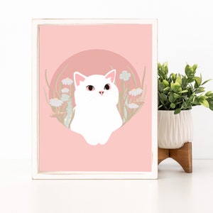 White Cat Illustration Art Print - Botanical Cat Print, Floral Animal Prints, Cat themed gifts, Wall Decor, Wall Art Print, Pink Nose