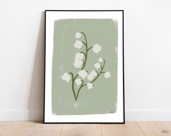 Sage Green Wall Art Prints | Grey Green Prints | Kitchen Prints | White Floral illustration | Living Room Wall Decor | Lily of the Valley
