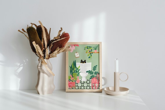 Black Cat on the Toilet Art Print, Sage Green Bathroom Prints, Funny Posters in size A6 A5 A4 A3, Cat reading a news paper, Tropical Plants