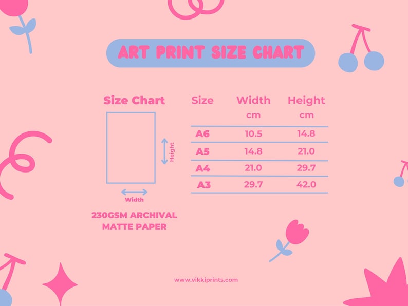 May include: A pink art print size chart with a light blue header. The chart lists sizes A6 through A3, with corresponding width and height measurements in centimeters. The paper is 230GSM archival matte. Decorative elements include pink stars, flowers, and swirls.