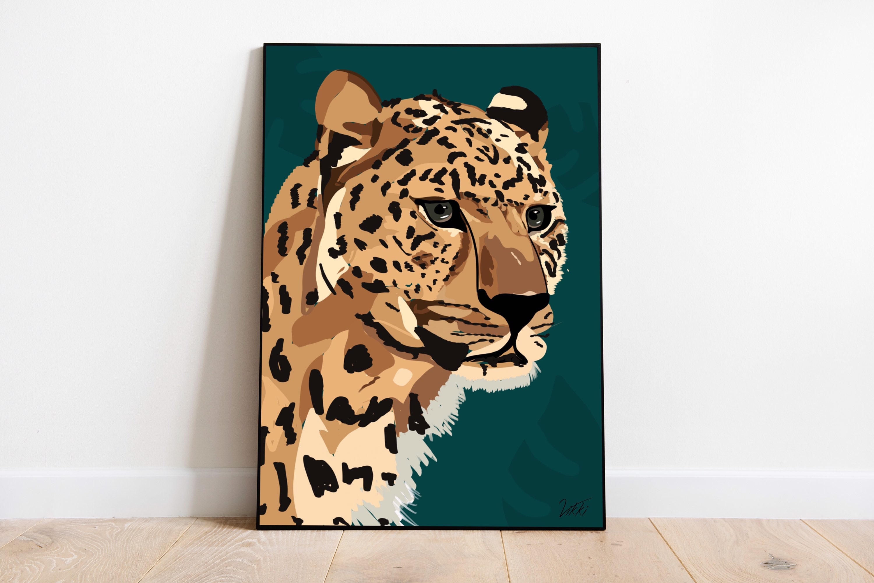 Leopard Art Print in Teal and Gold Leopard Wall Decor A3 Etsy