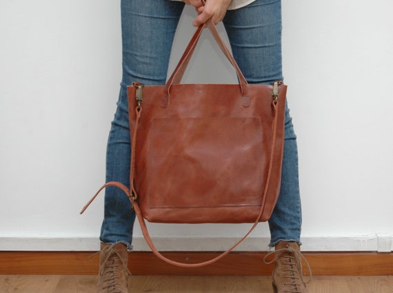 Leather tote bag large sizechestnut | Etsy