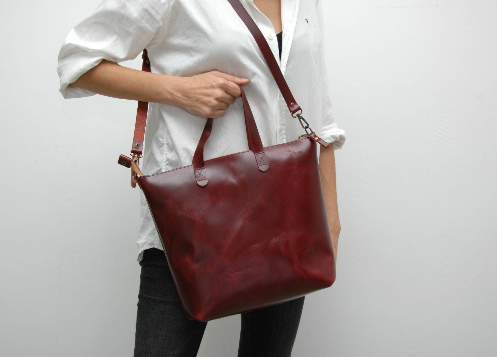 Leather tote bag medium size dark cabernet colorzip closure | Etsy