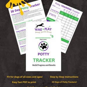 May include: A printable potty training tracker for dogs, featuring a 30-day plan and a daily log. The design includes a paw print, the text "Wag N Play", and the words "Potty Tracker". The tracker is designed to build progress and results.