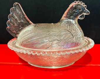 Vintage 7" Indiana Glass Hen on Nest Clear Covered Dish Beaded Rim Candy Dish