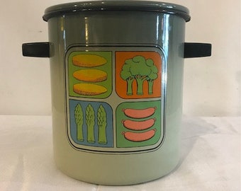 Vtg MCM 1970s San Ignacio Stock Pot Enameled Steel Vegetable Seafood with Steamer Basket