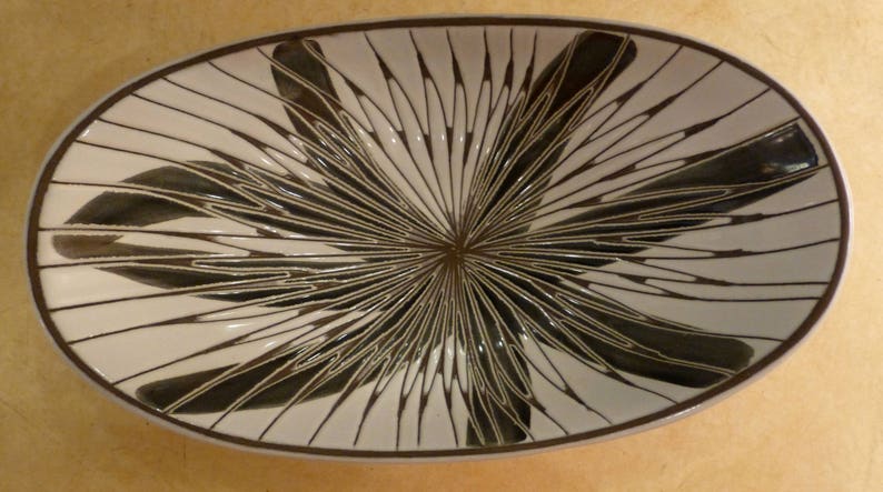 Upsala Ekeby Swedish Oval Art Pottery Bowl Mari Simmulson Original Label Danish Modern Eames Era Studio Pottery