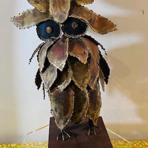 Vtg C Curtis Jere Brutalist Owl on Walnut Base 1960s MCM Danish Modern Sculpture