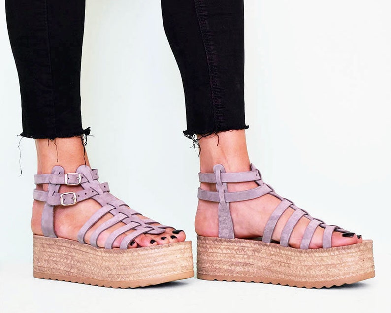 SANDALISTA Ms Gray Premium Flatform Sandal Brown Suede Leather Platform with Rope Greek Handmade