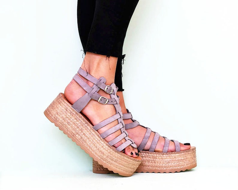 SANDALISTA Ms Gray Premium Flatform Sandal Brown Suede Leather Platform with Rope Greek Handmade