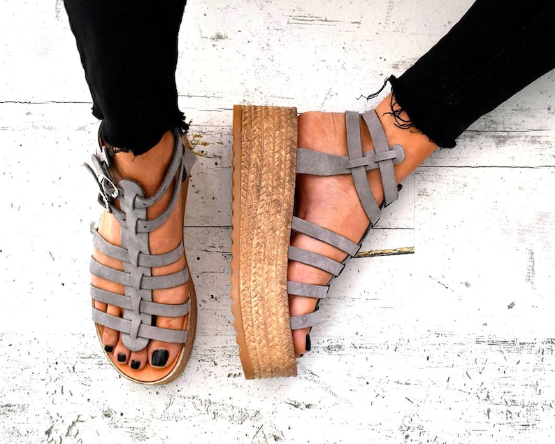 SANDALISTA Ms Gray Premium Flatform Sandal Brown Suede Leather Platform with Rope Greek Handmade