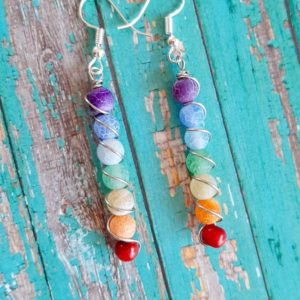 Handmade 7 Chakra Gemstone Point Earrings – Rainbow Crystal, Reiki Energy Healing, French Wire, Drop Style