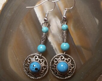 Turquoise Southwestern Earrings, Unique Silver Design