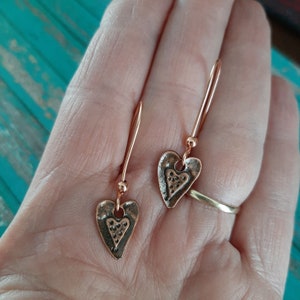 Copper Heart Earrings, Rustic copper dangle earrings,gift of love