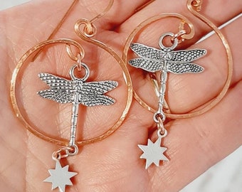 Dragonfly Earrings/Mixed metal Copper Hoop/Dragonfly Earrings