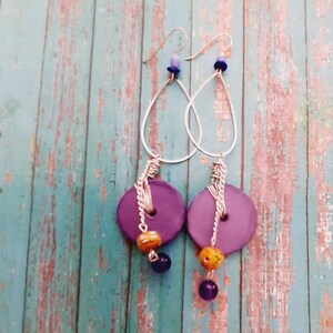 Bohemian Hoop Earrings/Ceramic Earrings/Amethyst Earrings