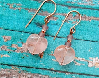 Heart Gemstone/Rose Gold/Pink Agate gemstone Earrings/heart earrings