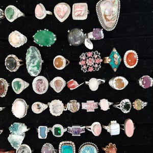 Assorted gemstone rings, crystal, copper, marble, Agate, bands