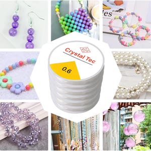 May include: A collage of jewelry and crafting supplies. Includes beaded earrings, bracelets, necklaces, and a spool of clear beading thread labeled "Crystal Tec" with "0.6" printed on it. Various colors and styles of beads are shown.