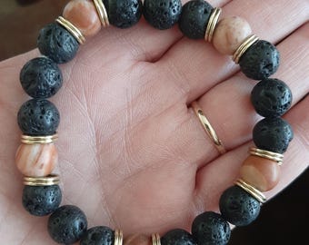 Men's Beaded Bracelet, stretch, Lava & Gemstones