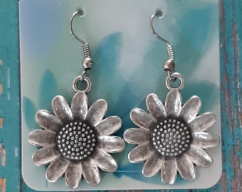 Sunflower Silver Dangle Earrings/Sterling Silver Ear Wire