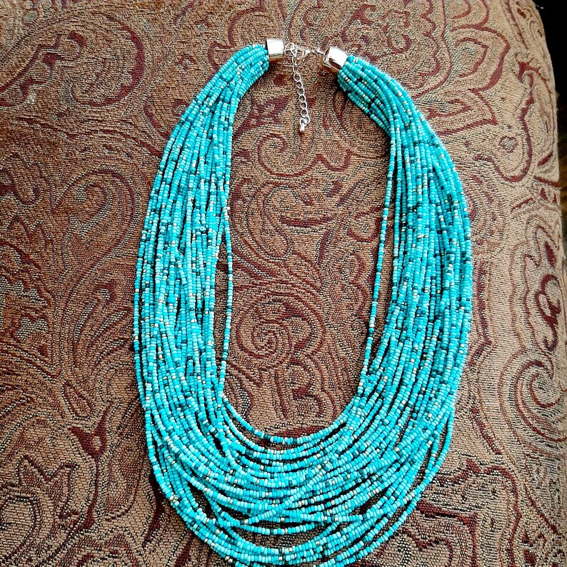 FINAL SALE PRICE Turquoise Necklace30 Strand seed bead Statement Necklace