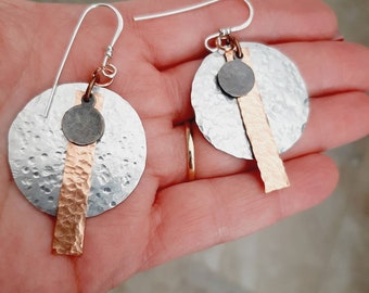 Mixed Metal Hammered Earrings/Rustic Silver, Copper Dangle Earrings, Rustic jewelry, Unique gifts for her, Boho Jewelry