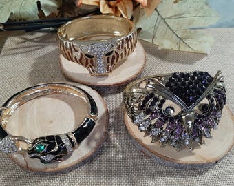 Owl, Snake, Cobra Bangle cuff Bracelets, and Tiger, Vintage Bracelets