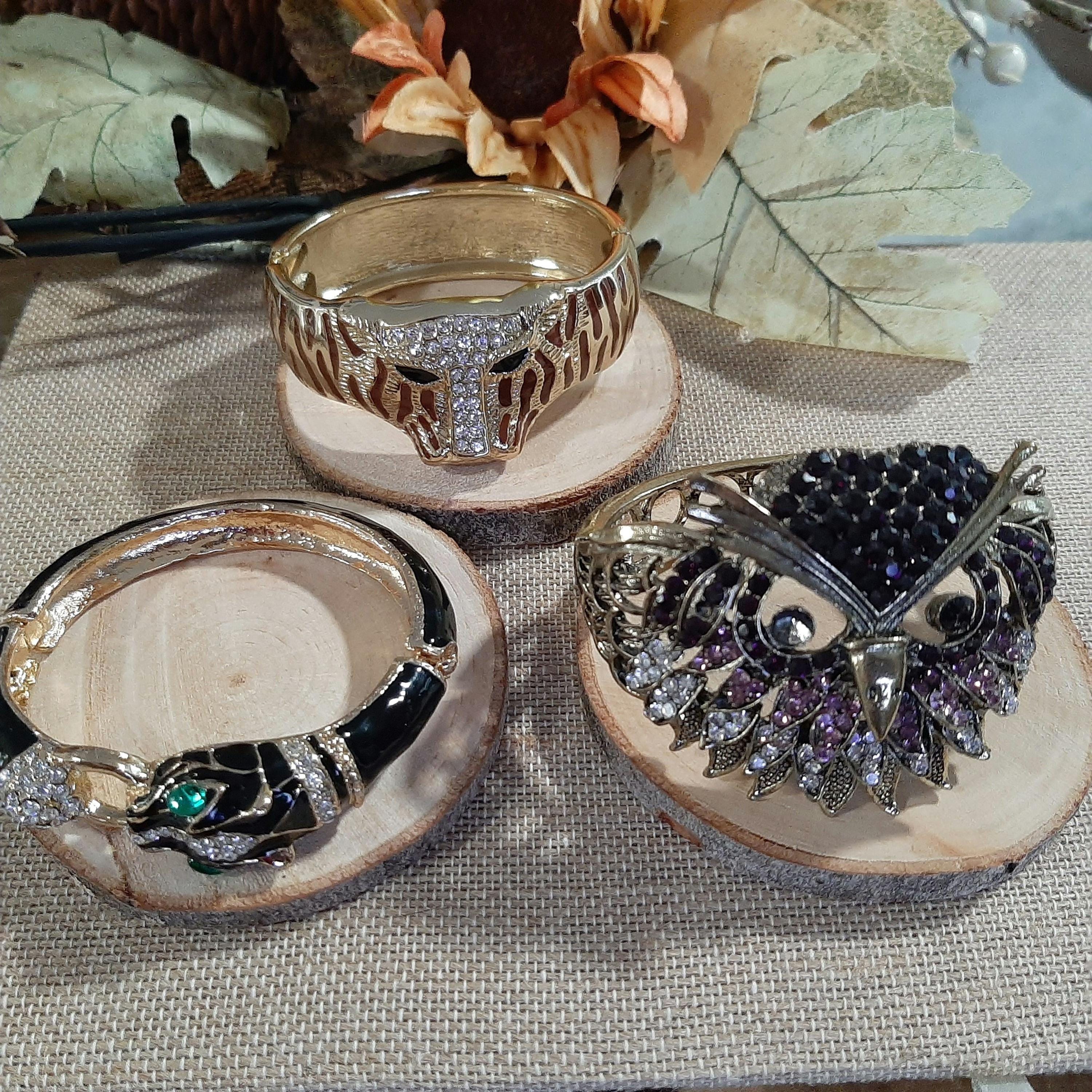 Owl, Snake, Cobra Bangle cuff Bracelets, and Tiger, Vintage Bracelets