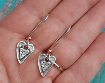 STERLING Silver heart Earrings ,Silver  Mixed Metal Earrings, Handmade, Boho Jewelry, Unique gifts for her, dainty earrings,  Holiday gifts