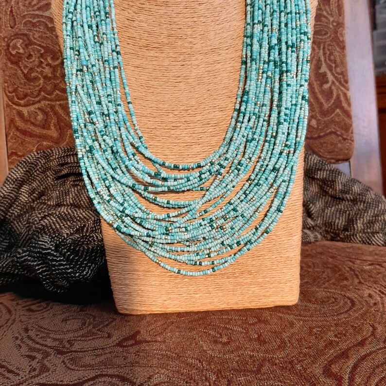 FINAL SALE PRICE Turquoise Necklace30 Strand seed bead Statement Necklace