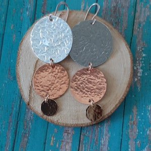 Mixed Metal Dangle Earrings, Silver, Copper, Gold Hammered style