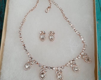 Rose Gold Necklace and Earrings Set - Crystal Jewelry Gift