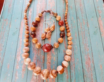 Necklace Set/Earrings-Necklace-Bracelet/3 piece Set/Jasper Gemstone/Great Gift