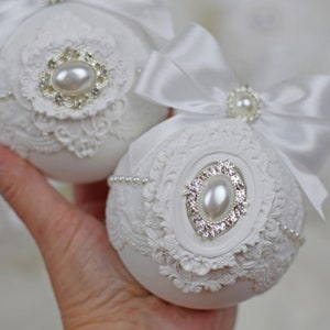 Christmas Rhinestones Ornaments, Christmas Ornaments Set White Xmas Decor Handmade Balls and Tree Topper Tree Decor Set White Silver Baubles