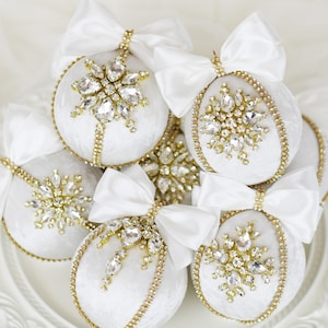 Christmas rhinestones ornaments Handmade Christmas balls Christmas tree decor set White Christmas Xmas decorations Off White gold baubles