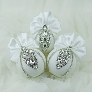 Luxury White Christmas Ornament –  Handmade Bauble with Rhinestones – Elegant White Xmas Ball – Glam Holiday Tree Decoration – White Bauble