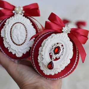 Luxury Christmas Rhinestones Ornaments, Christmas decorations set, Red tree decor Vintage inspired christmas ornaments, Red handmade baubles