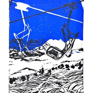 Reflect - Original Linocut Print of Mt Bachelor Ski Resort - Chairlift Ski Art Blue/Black/White