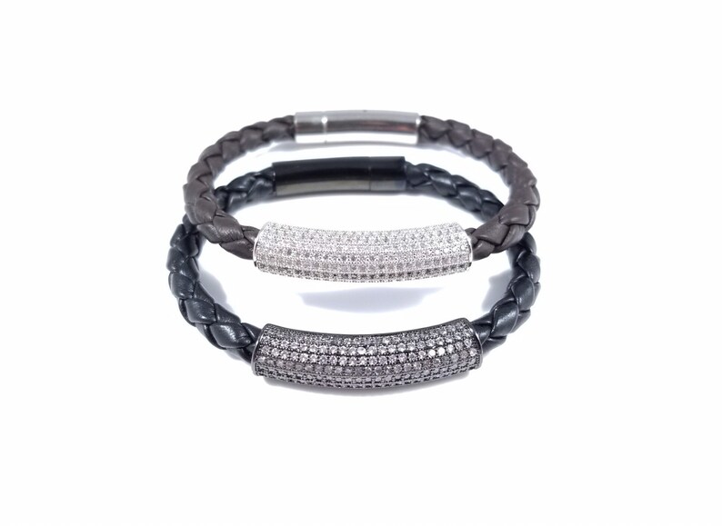 Paved Cubic Zirconia Tube Braided Leather Bracelet with Cubic Zirconia Stainless Steel handmade. Genuine Leather