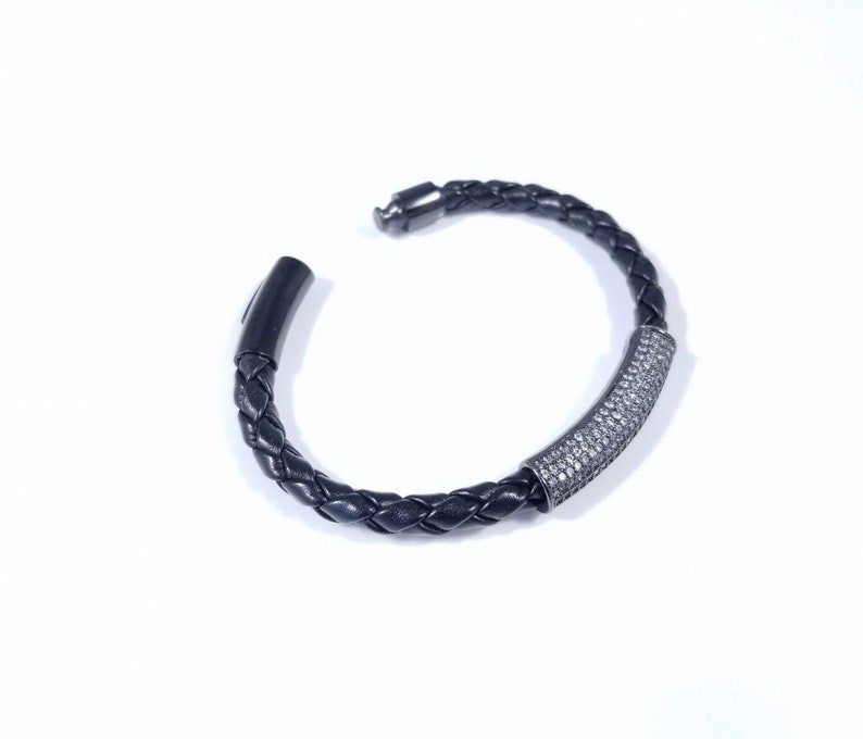 Paved Cubic Zirconia Tube Braided Leather Bracelet with Cubic Zirconia Stainless Steel handmade. Genuine Leather