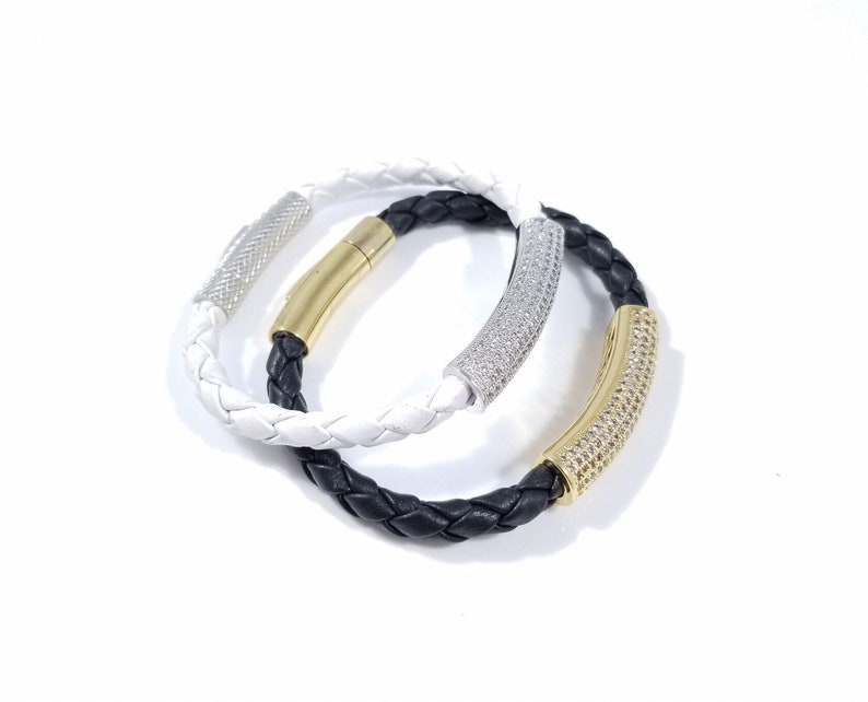 Paved Cubic Zirconia Tube Braided Leather Bracelet with Cubic Zirconia Stainless Steel handmade. Genuine Leather